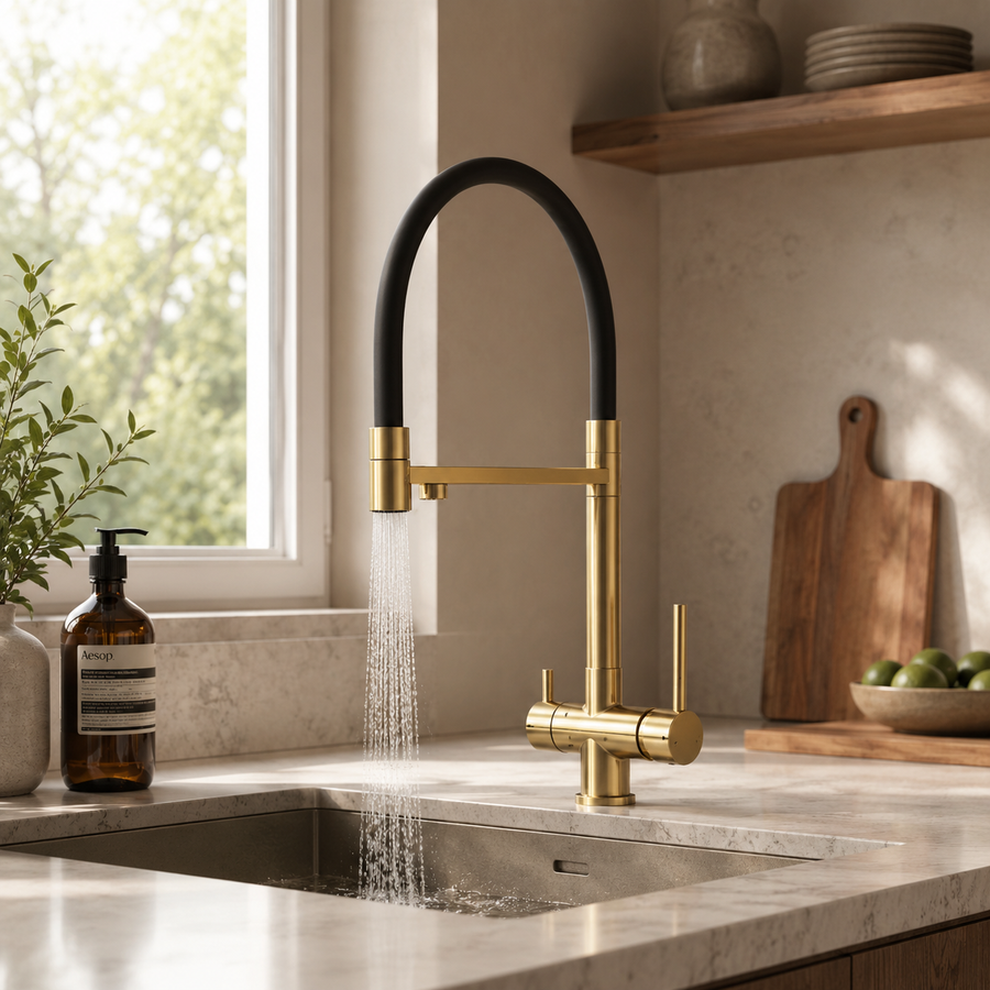 Robinet de cuisine noir et doré installé sur un évier dans une cuisine contemporaine