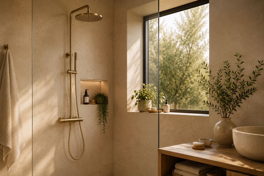 Colonne de douche dorée installée dans une salle de bain contemporaine en pierre claire