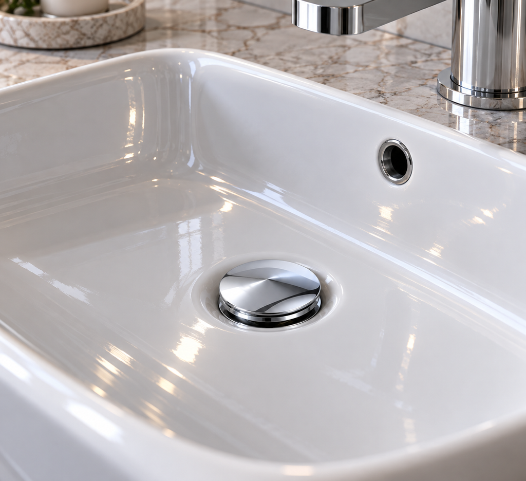 Bonde de lavabo VALEN en chrome poli installée dans une vasque blanche