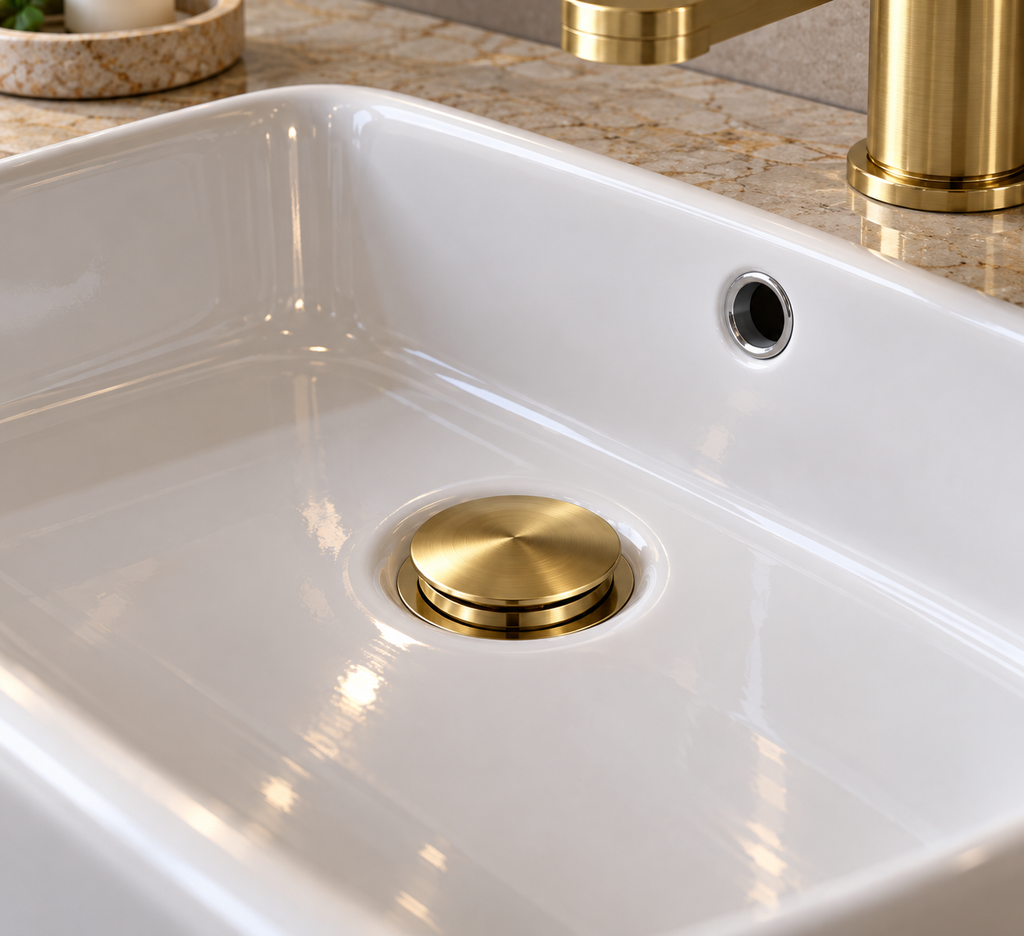 Bonde de lavabo VALEN en or brossé installée dans une vasque blanche