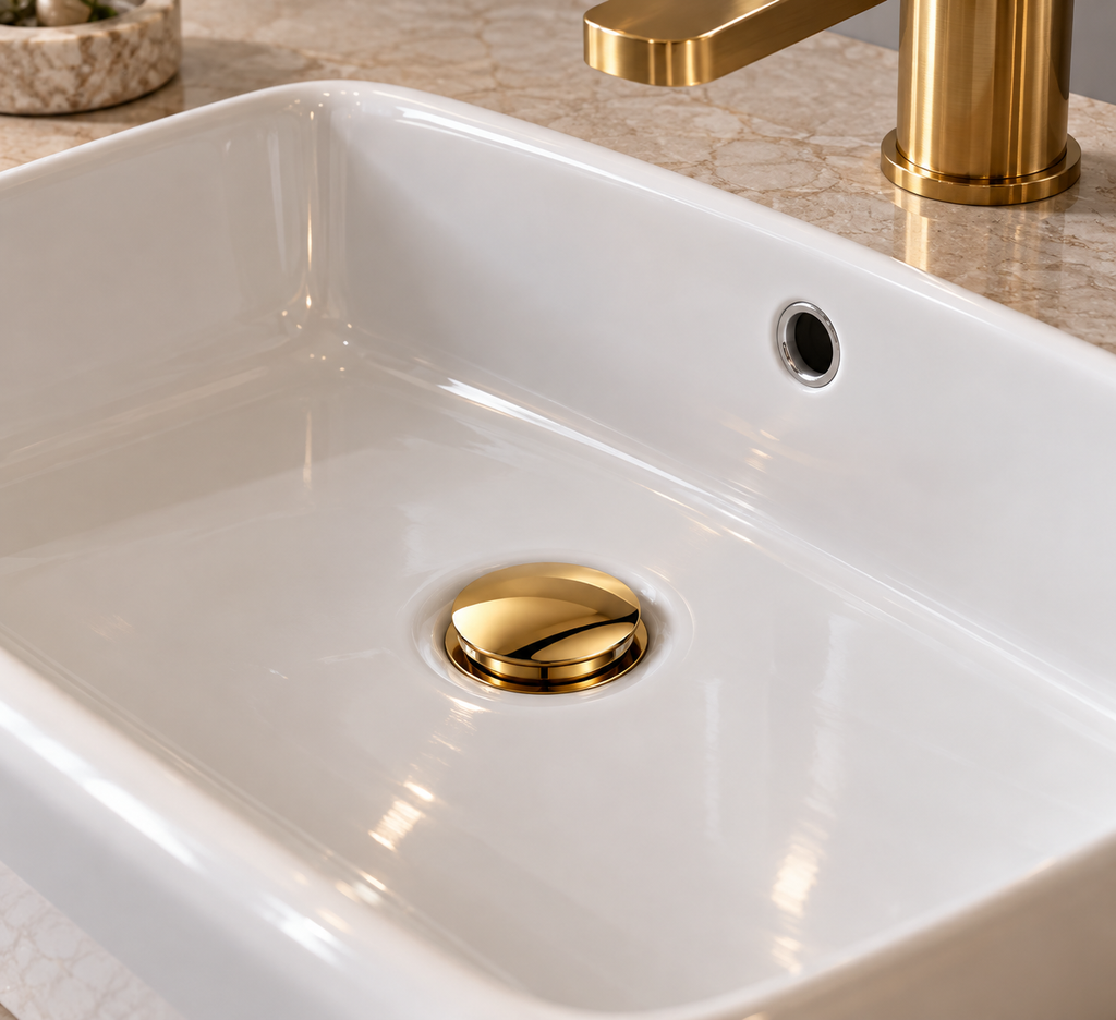 Bonde de lavabo VALEN en or poli installée dans une vasque blanche