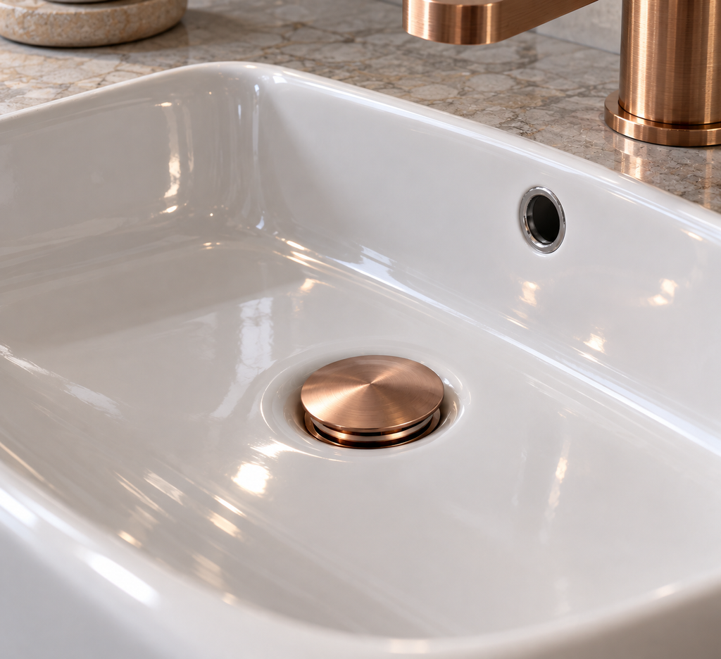 Bonde de lavabo VALEN en or rose brossé installée dans une vasque blanche