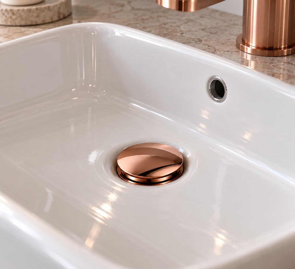Bonde de lavabo VALEN en or rose installée dans une vasque blanche
