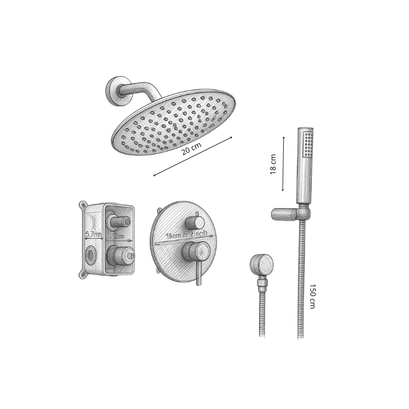 Dimensions de la colonne de douche ELDIN : pommeau de 20 cm et douchette à main