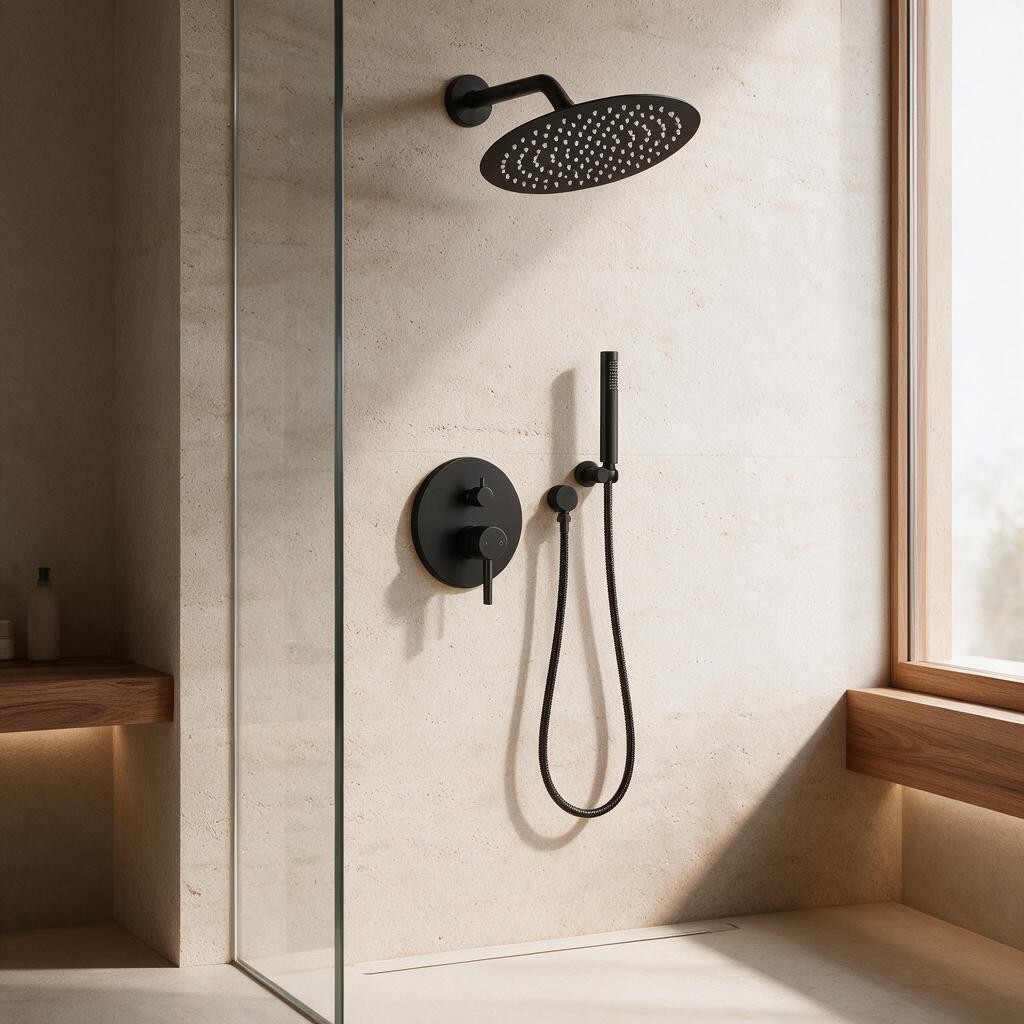 Colonne de douche thermostatique ELDIN noire à pommeau rond installée dans une douche