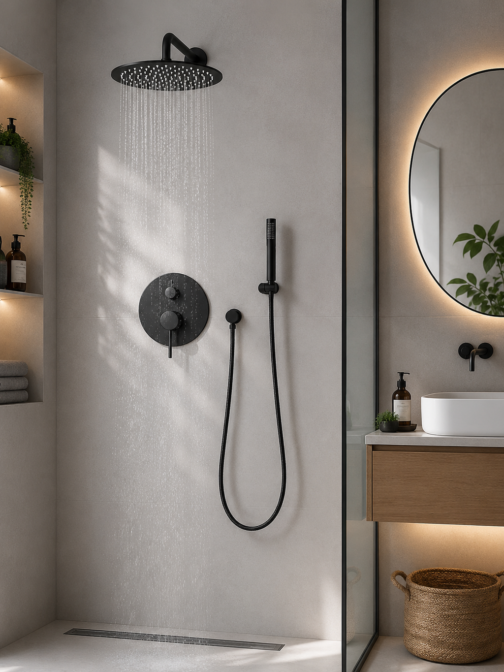 Colonne de douche thermostatique ELDIN noire encastrée dans une salle de bain claire