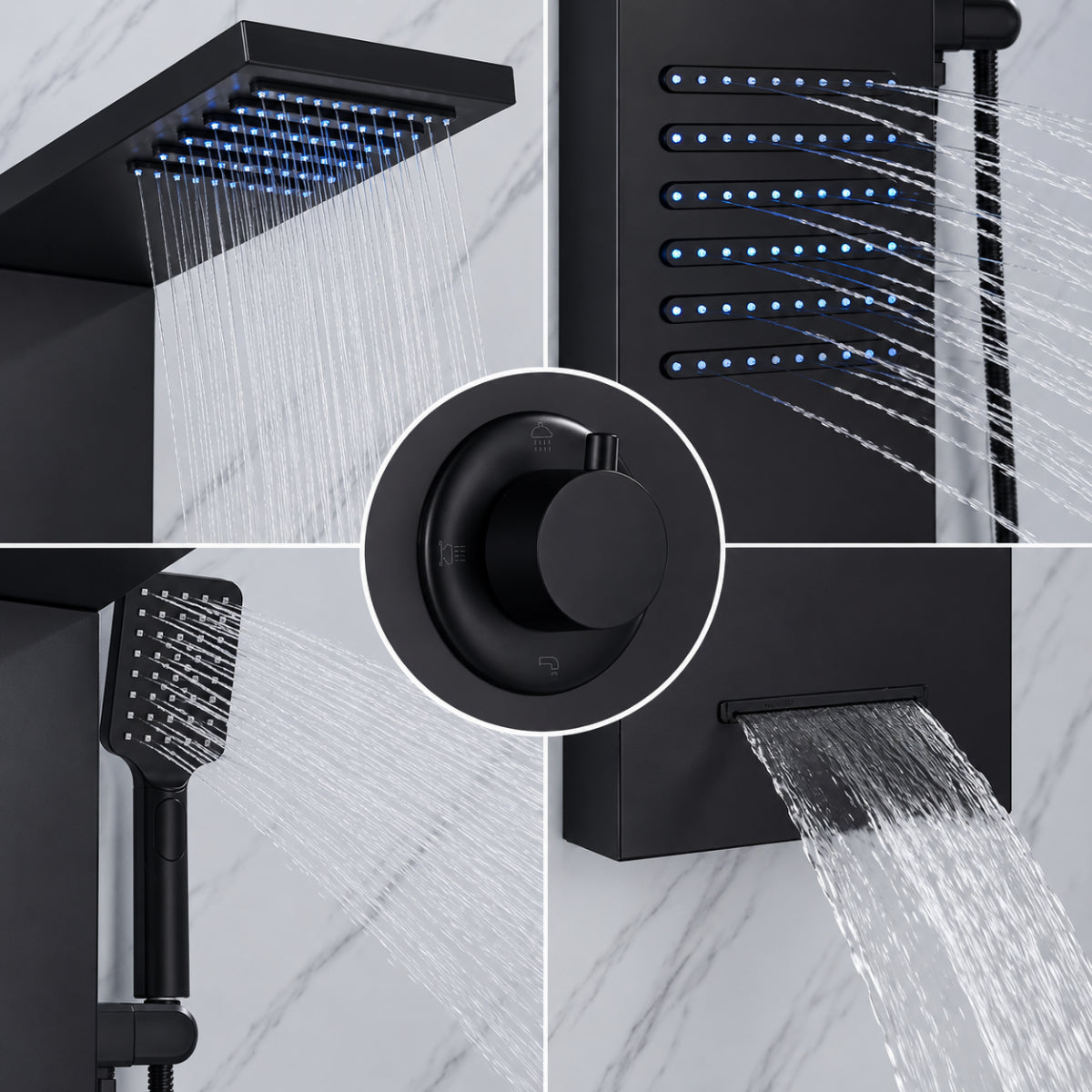 Éléments de la colonne de douche MIRVA : tête de douche, commande, douchette et bec cascade