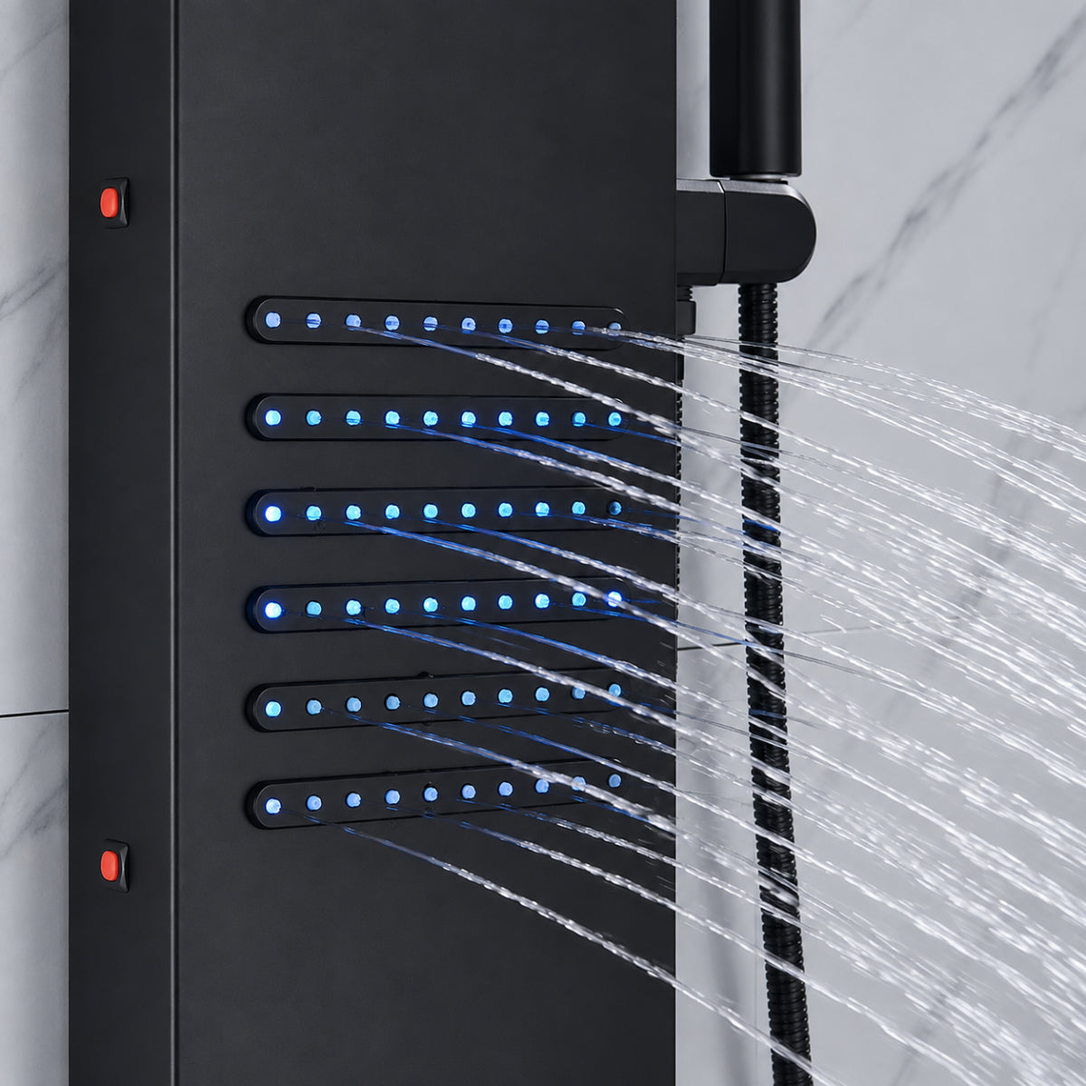 Jets corporels éclairés en bleu et bec cascade de la colonne de douche MIRVA