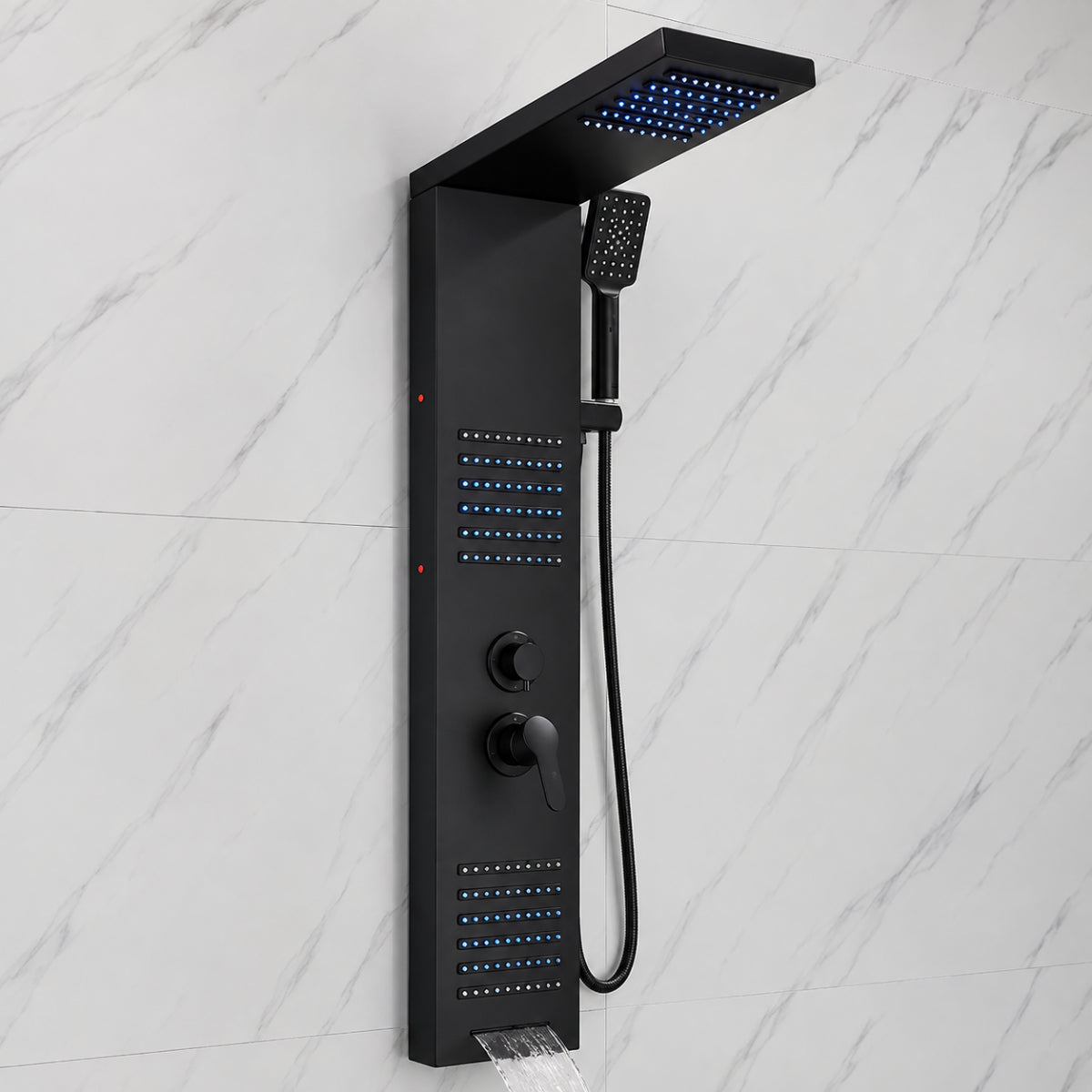 Colonne de douche MIRVA hydromassante LED installée sur un mur en marbre