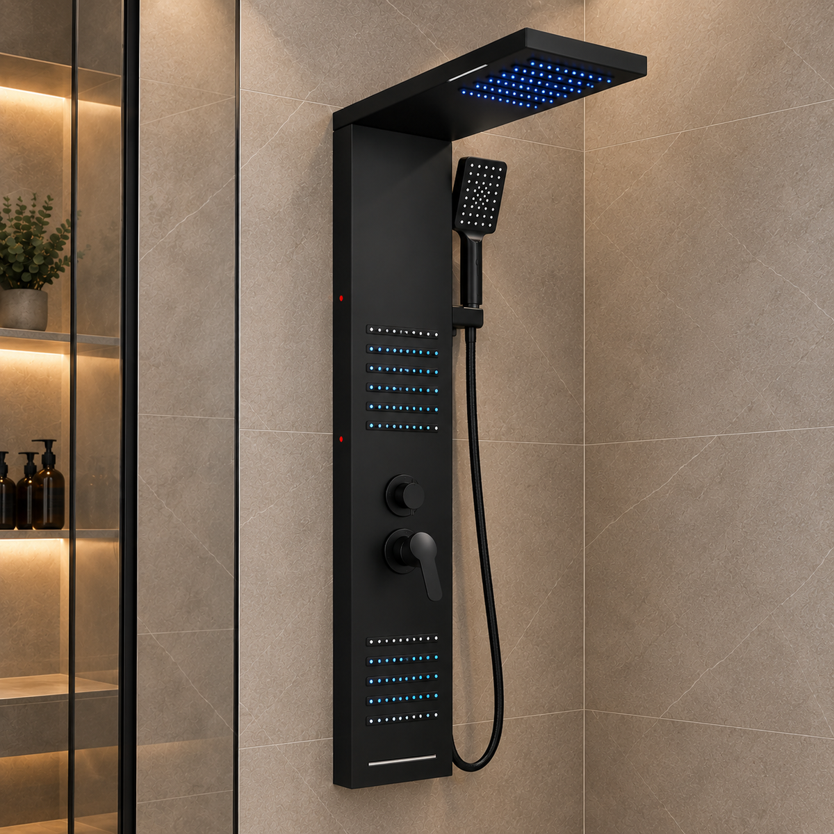 Colonne de douche hydromassante MIRVA avec éclairage LED bleu dans une salle de bain