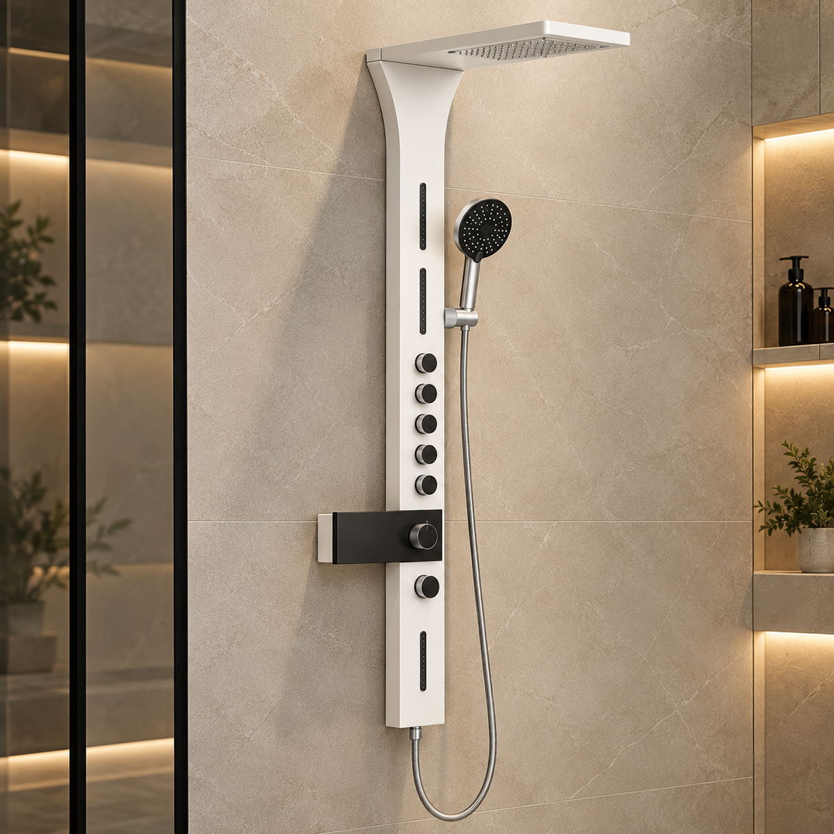 Colonne de douche SOLVAN blanche à jets corporels installée dans une salle de bain beige