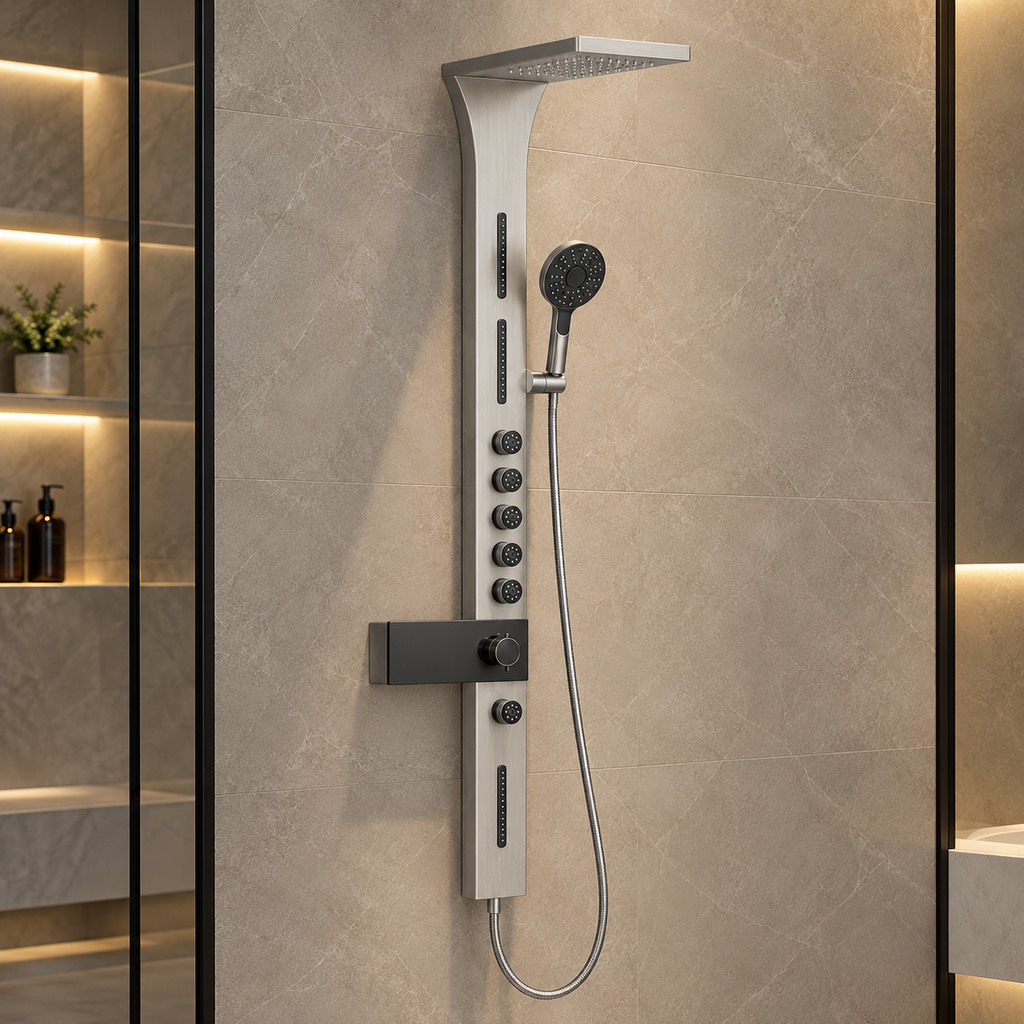 Colonne de douche SOLVAN gris clair installée dans une salle de bain beige