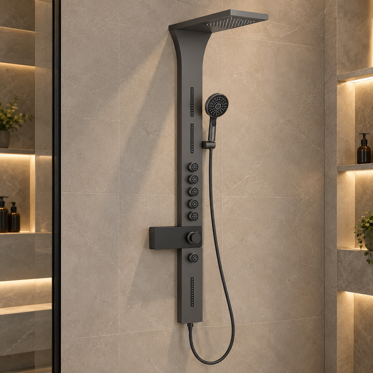 Colonne de douche SOLVAN grise à jets corporels installée dans une salle de bain beige