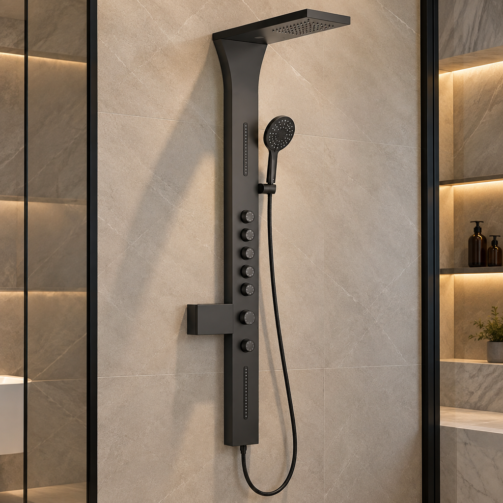 Colonne de douche SOLVAN noire à jets corporels installée dans une salle de bain beige