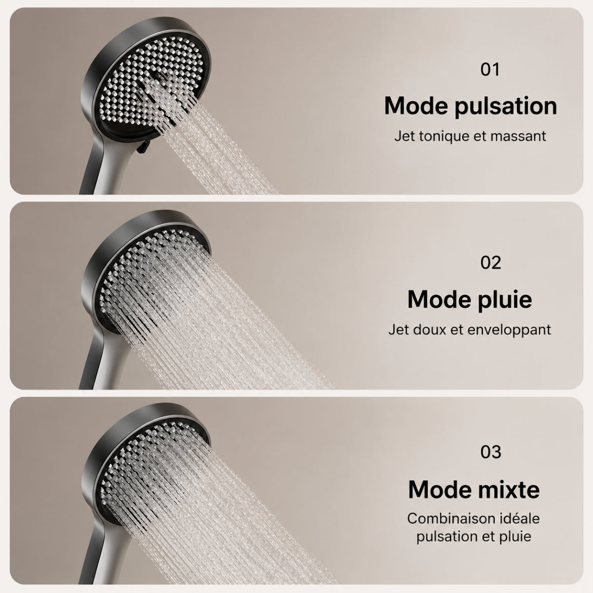 Les trois modes de jet de la colonne de douche ULVEN : pulsation, pluie et mixte