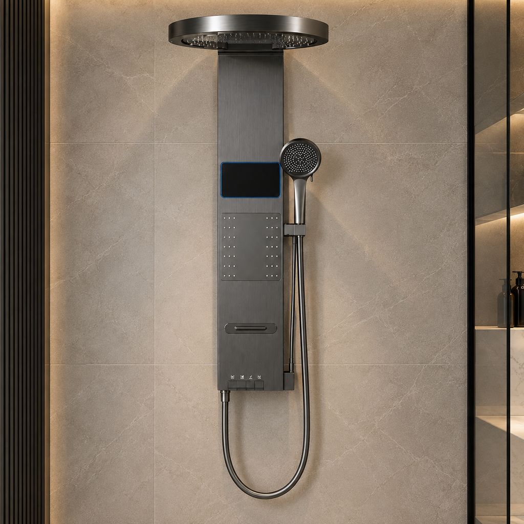 Colonne de douche ULVEN en aluminium brossé installée dans une douche à l'italienne
