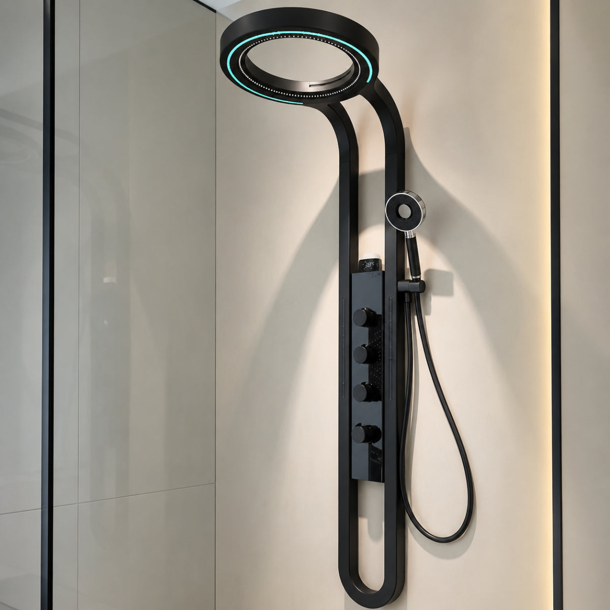 Colonne de douche VARNE noire derrière une paroi de douche vitrée
