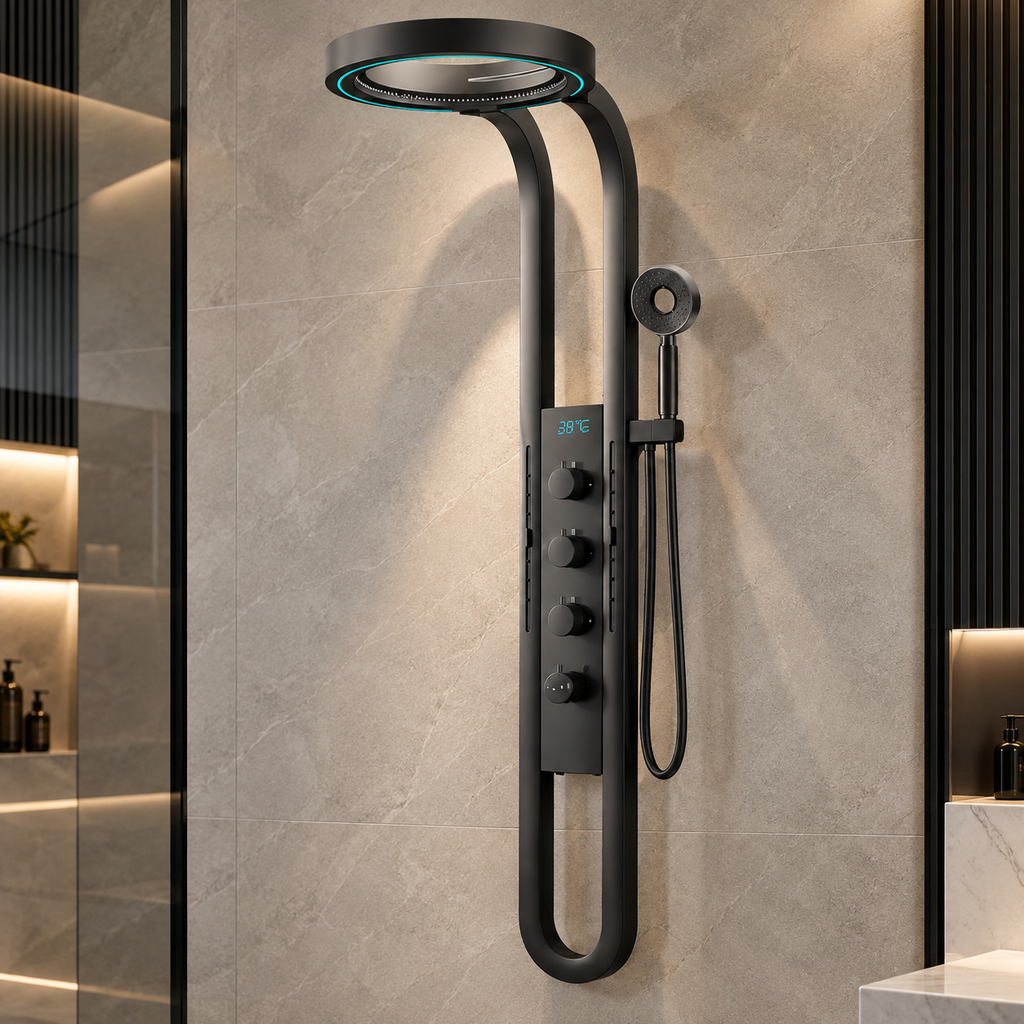 Colonne de douche VARNE noire installée face à une niche éclairée