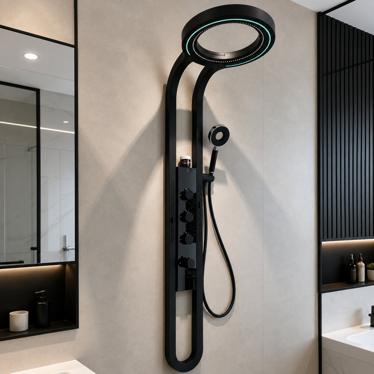 Colonne de douche VARNE noire installée dans une salle de bain claire