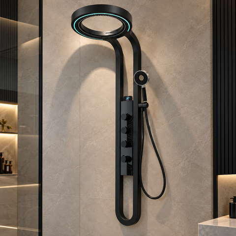Colonne de douche VARNE noire à tête ronde installée dans une douche à l'italienne
