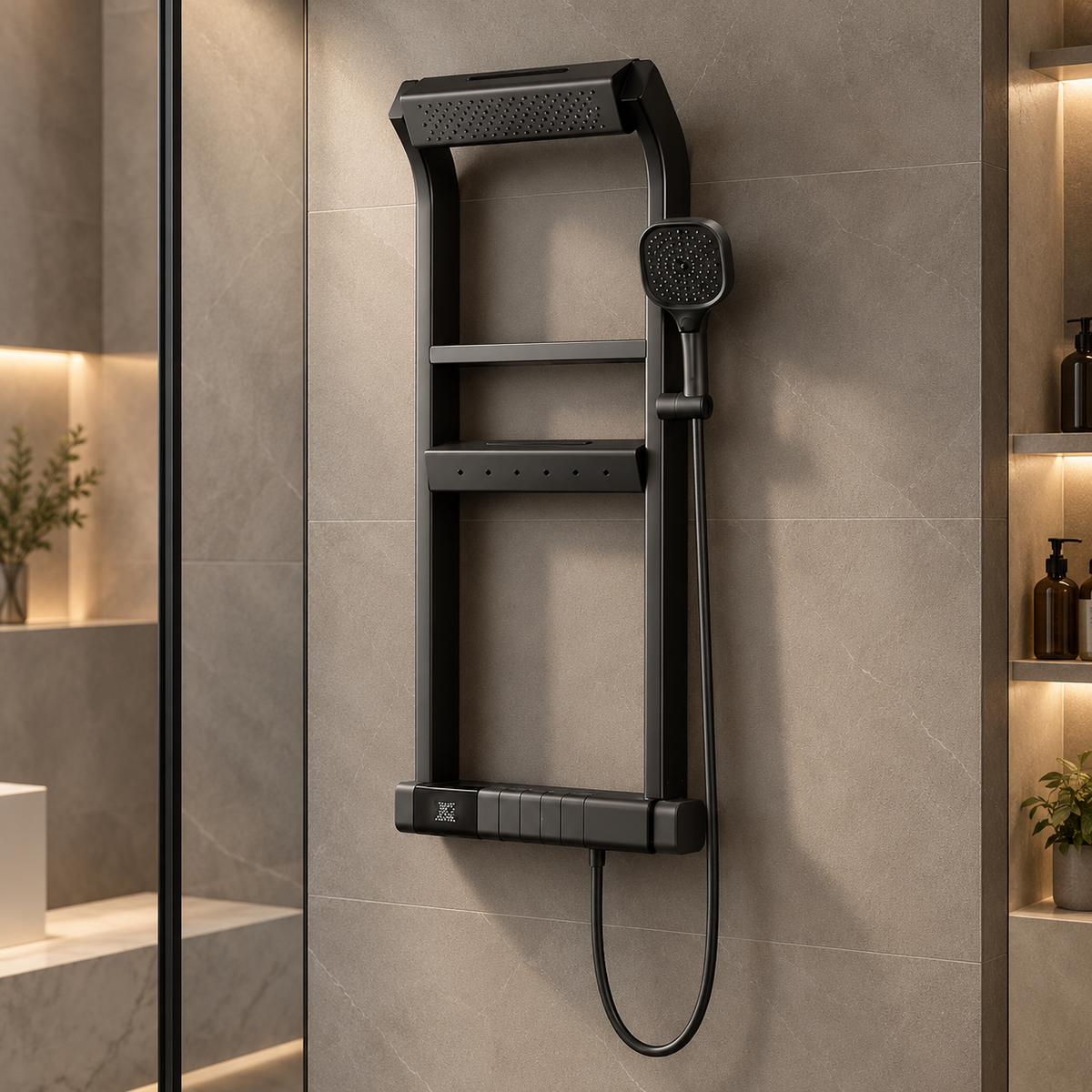 Colonne de douche ZELVA noire à barres installée dans une salle de bain contemporaine