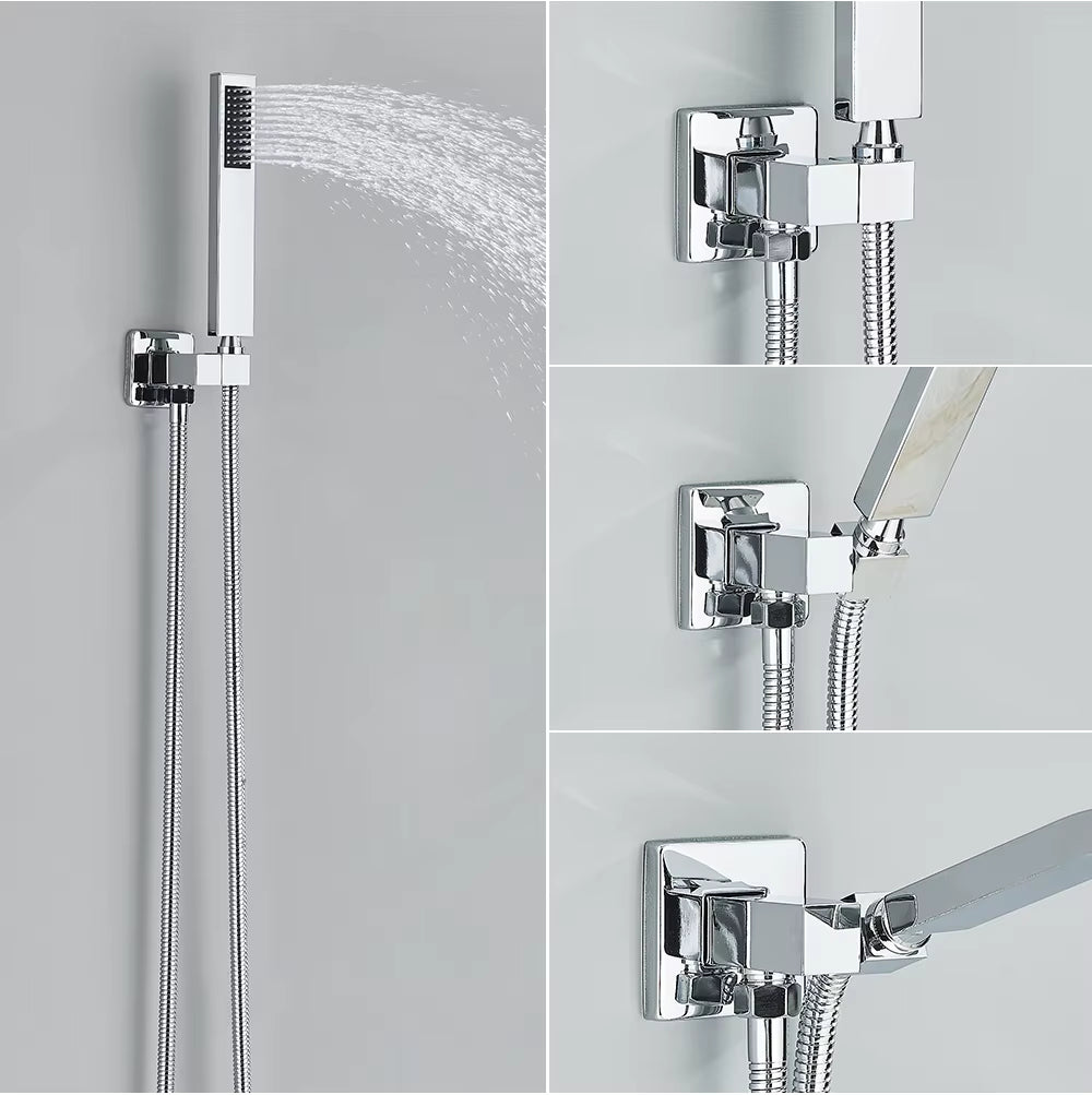 Ensemble de douche HAVNA chromé en fonctionnement, avec vues de détail du mélangeur