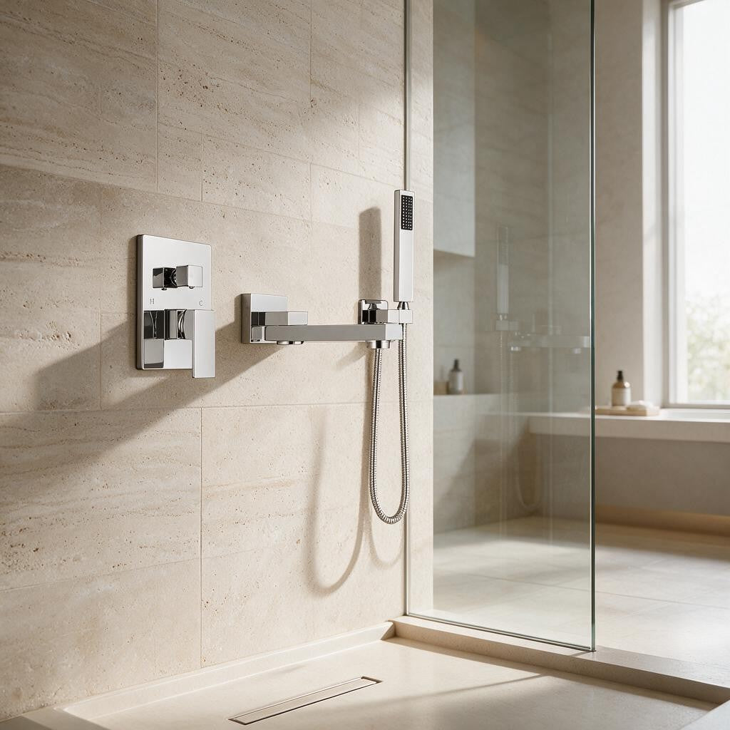 Ensemble de douche encastré HAVNA chromé installé dans une douche vitrée