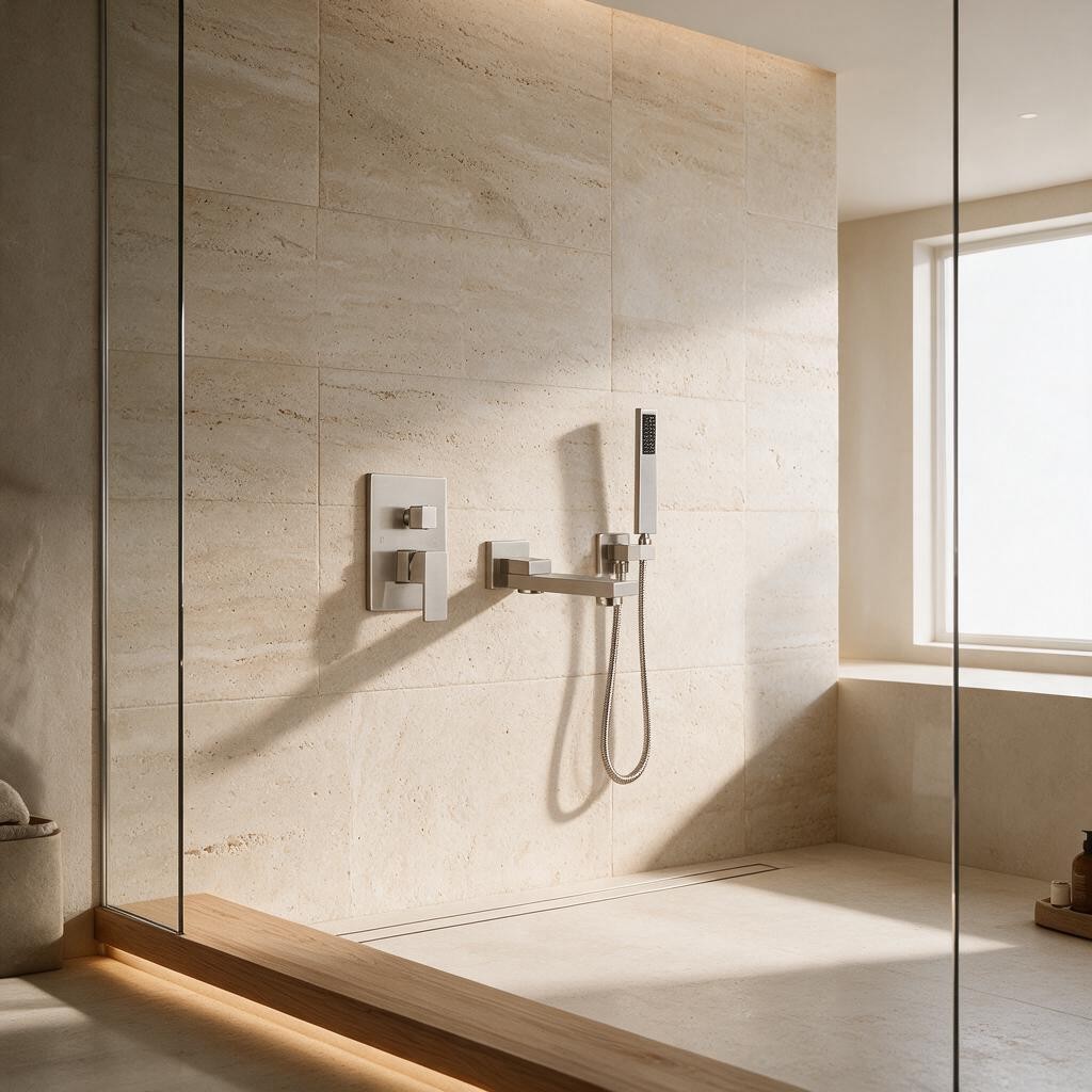 Ensemble de douche encastré HAVNA installé dans une douche à l'italienne