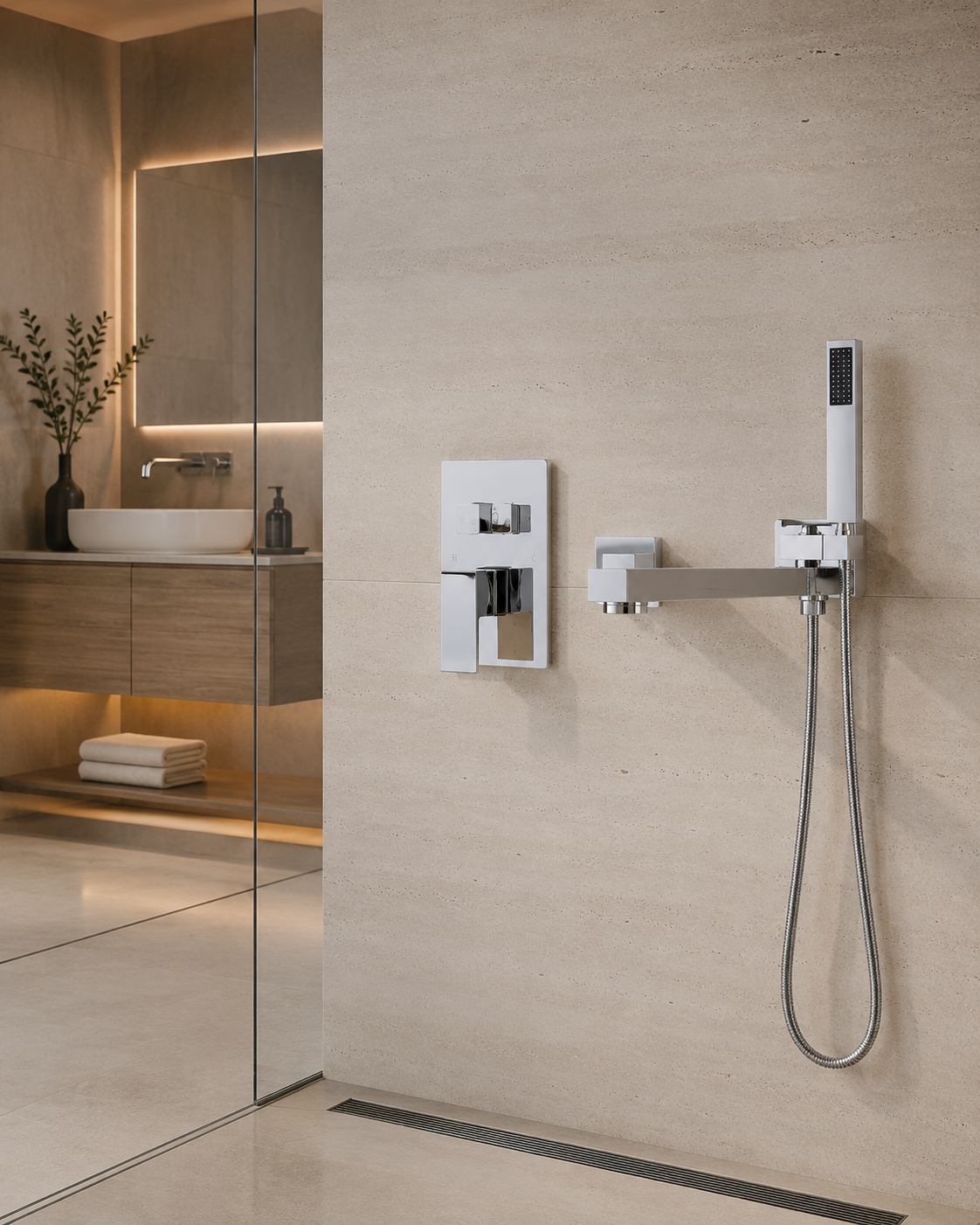 Ensemble de douche encastré HAVNA chromé avec douchette installé sur un mur clair