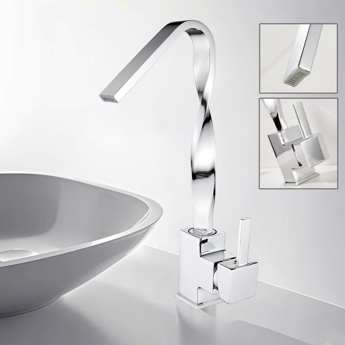 Mitigeur de lavabo ELVAN chromé au-dessus d'une vasque, avec vues de détail