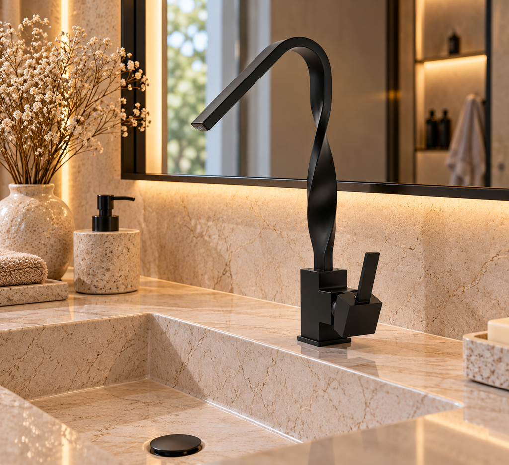 Mitigeur de lavabo ELVAN noir au bec torsadé installé sur un plan en pierre