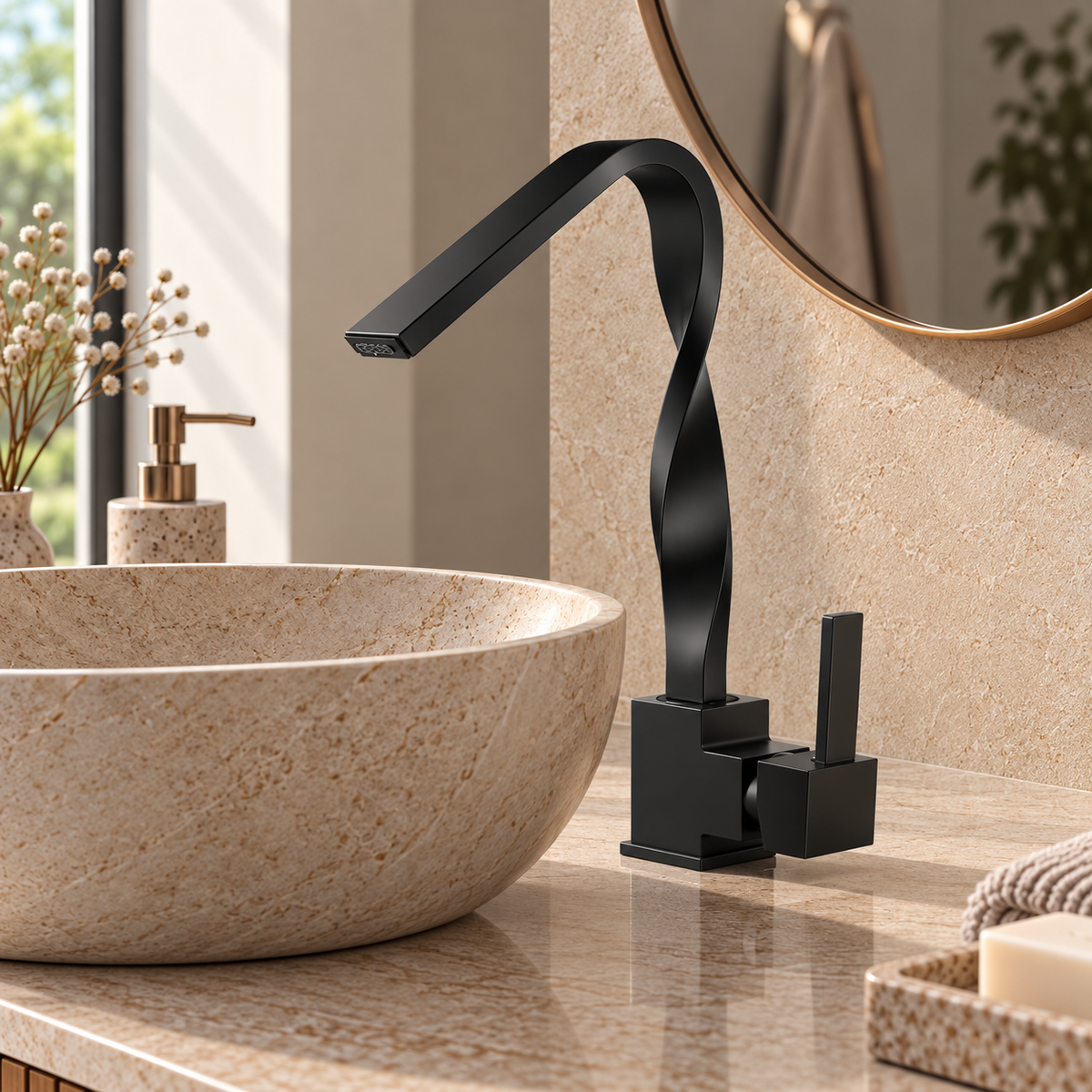 Mitigeur de lavabo ELVAN noir au-dessus d'une vasque ronde en pierre