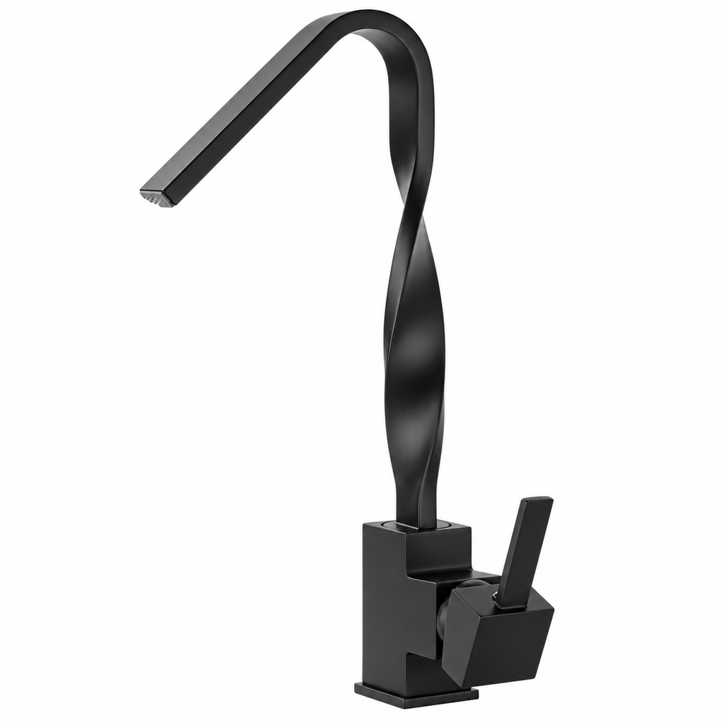 Mitigeur de lavabo ELVAN noir au bec torsadé, vue de face sur fond blanc