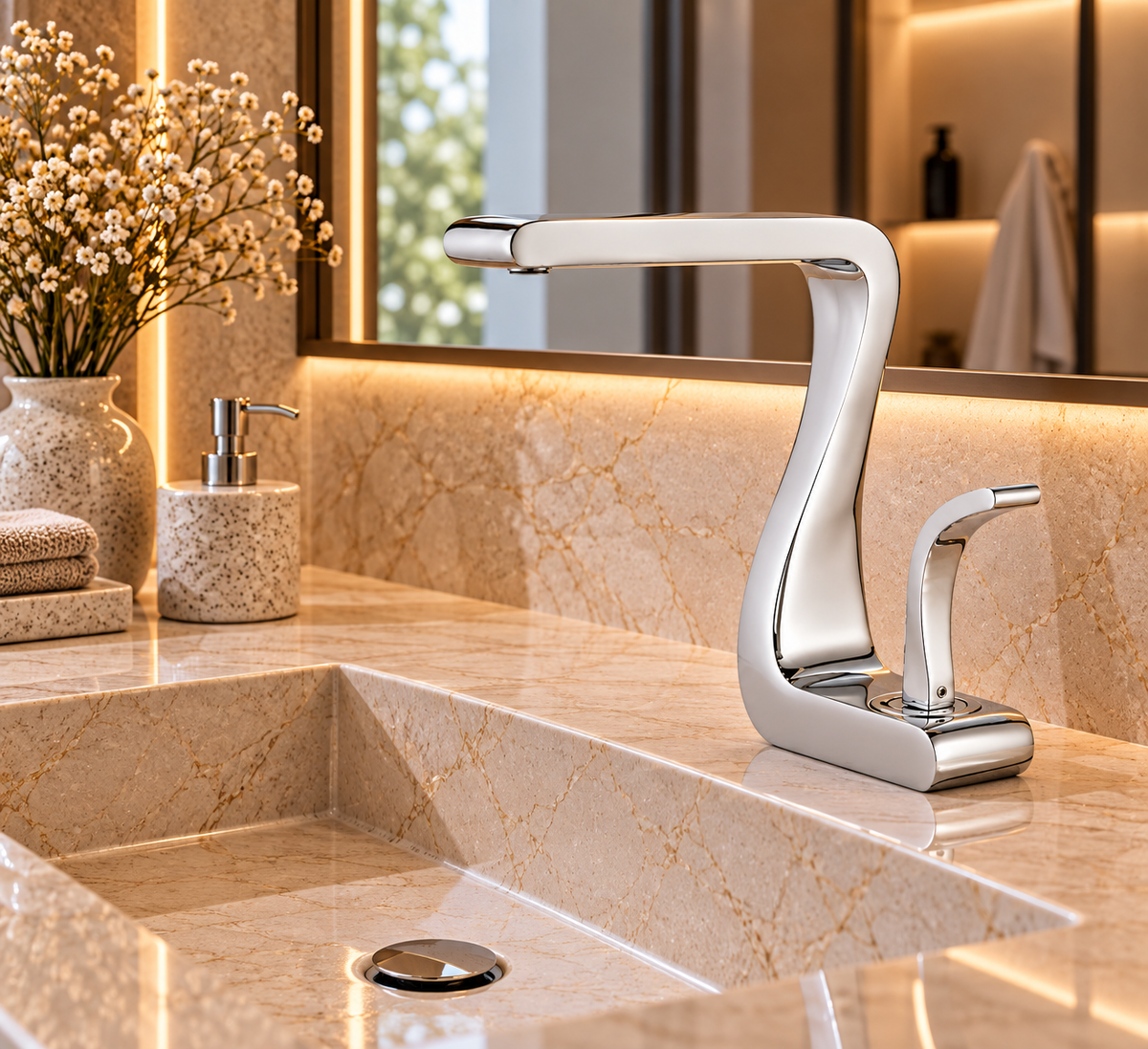 Mitigeur de lavabo MYRAN argent sur un plan de toilette en pierre