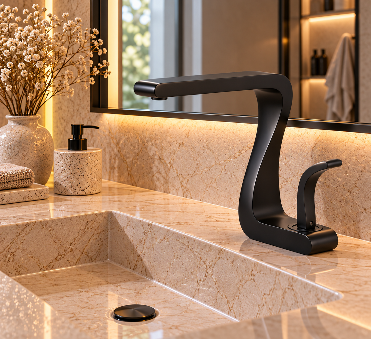 Mitigeur de lavabo MYRAN noir sur un plan de toilette en pierre