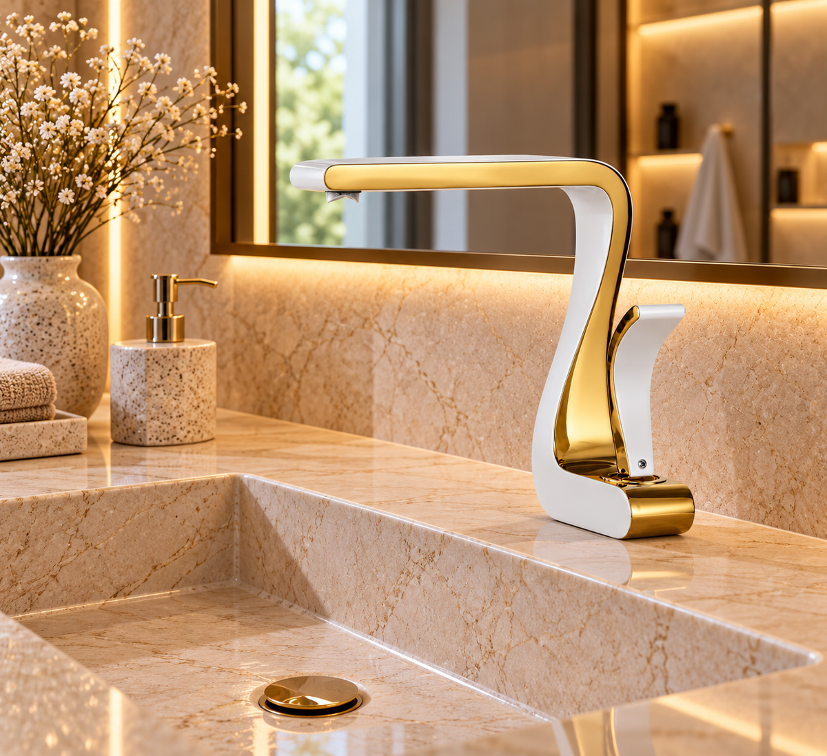 Mitigeur de lavabo MYRAN or et blanc sur un plan de toilette en pierre