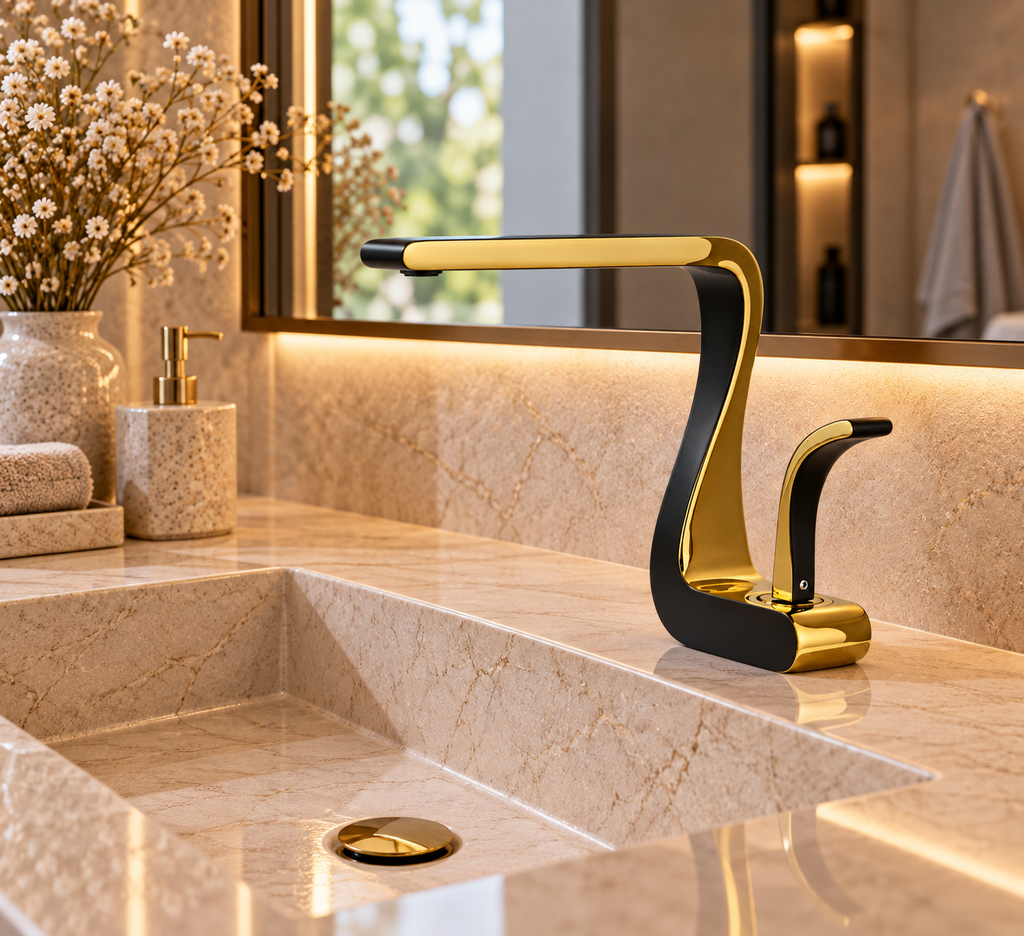 Mitigeur de lavabo MYRAN or et noir sur un plan de toilette en pierre