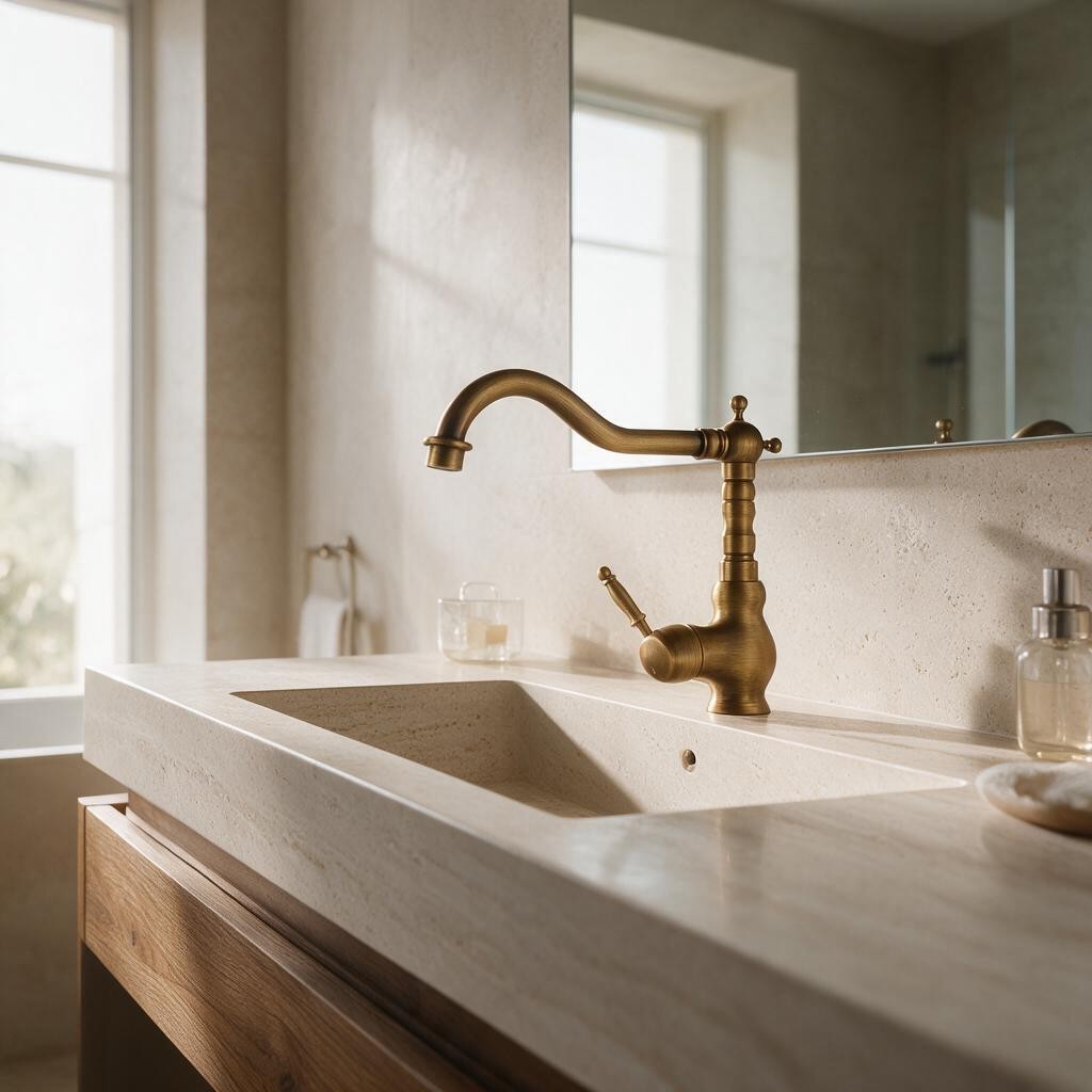 Mitigeur de lavabo ORVAN en laiton vieilli sur un plan de toilette en pierre