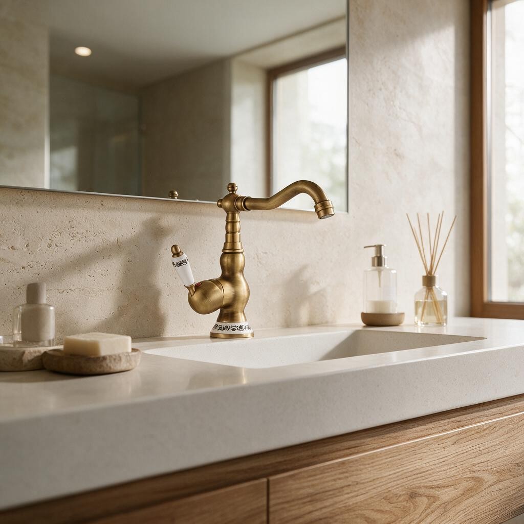 Mitigeur de lavabo ORVAN en laiton vieilli installé sur un plan de toilette clair