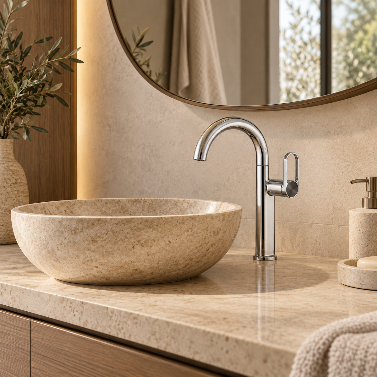 Mitigeur de lavabo SELMA chromé au-dessus d'une vasque ronde à poser