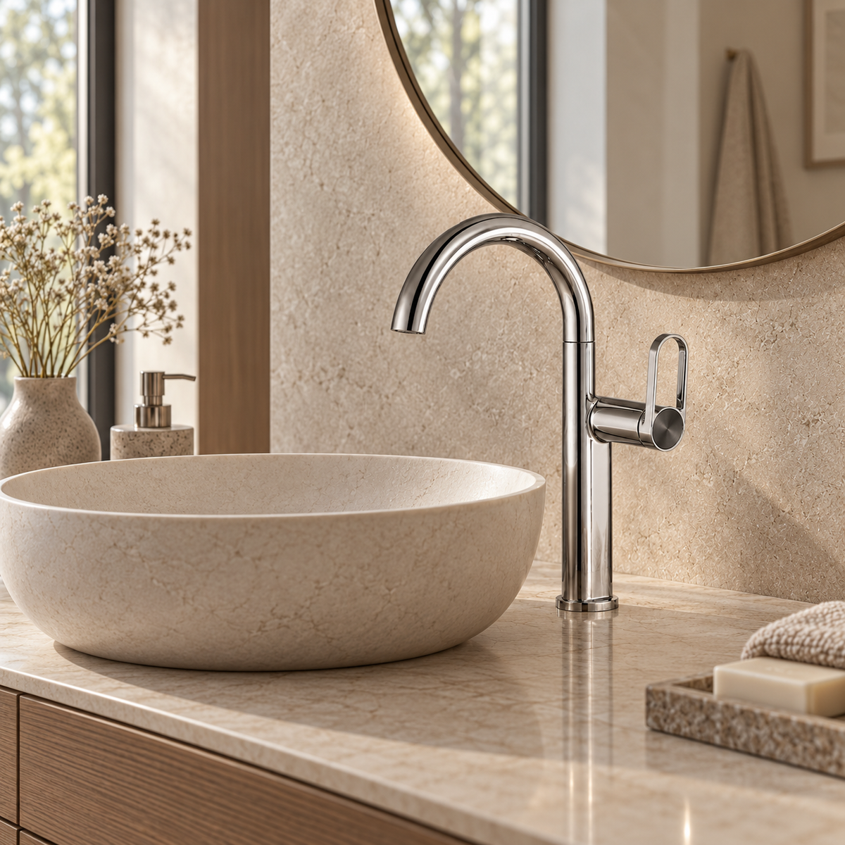 Mitigeur de lavabo SELMA chromé en fonctionnement au-dessus d'une vasque en pierre
