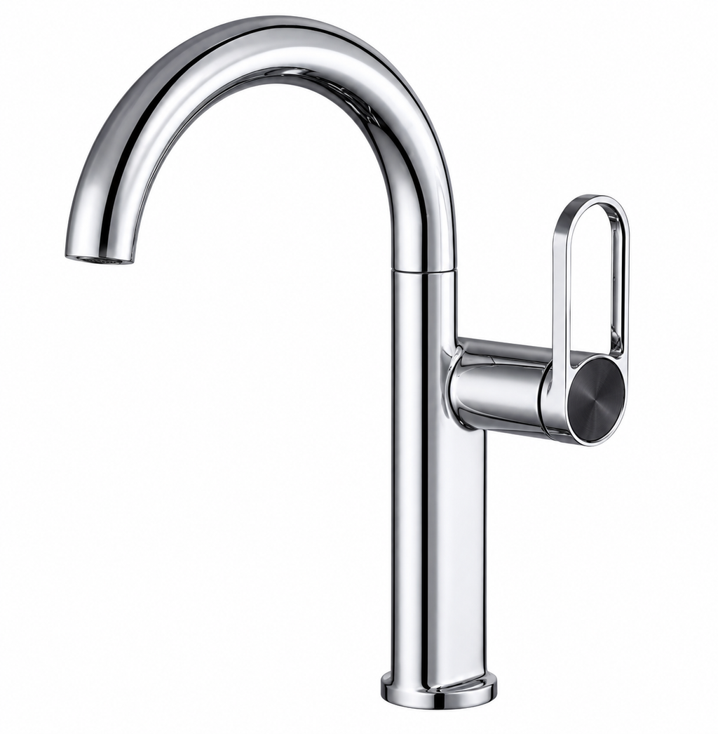 Mitigeur de lavabo SELMA chromé à poignée anneau, vue de face sur fond blanc