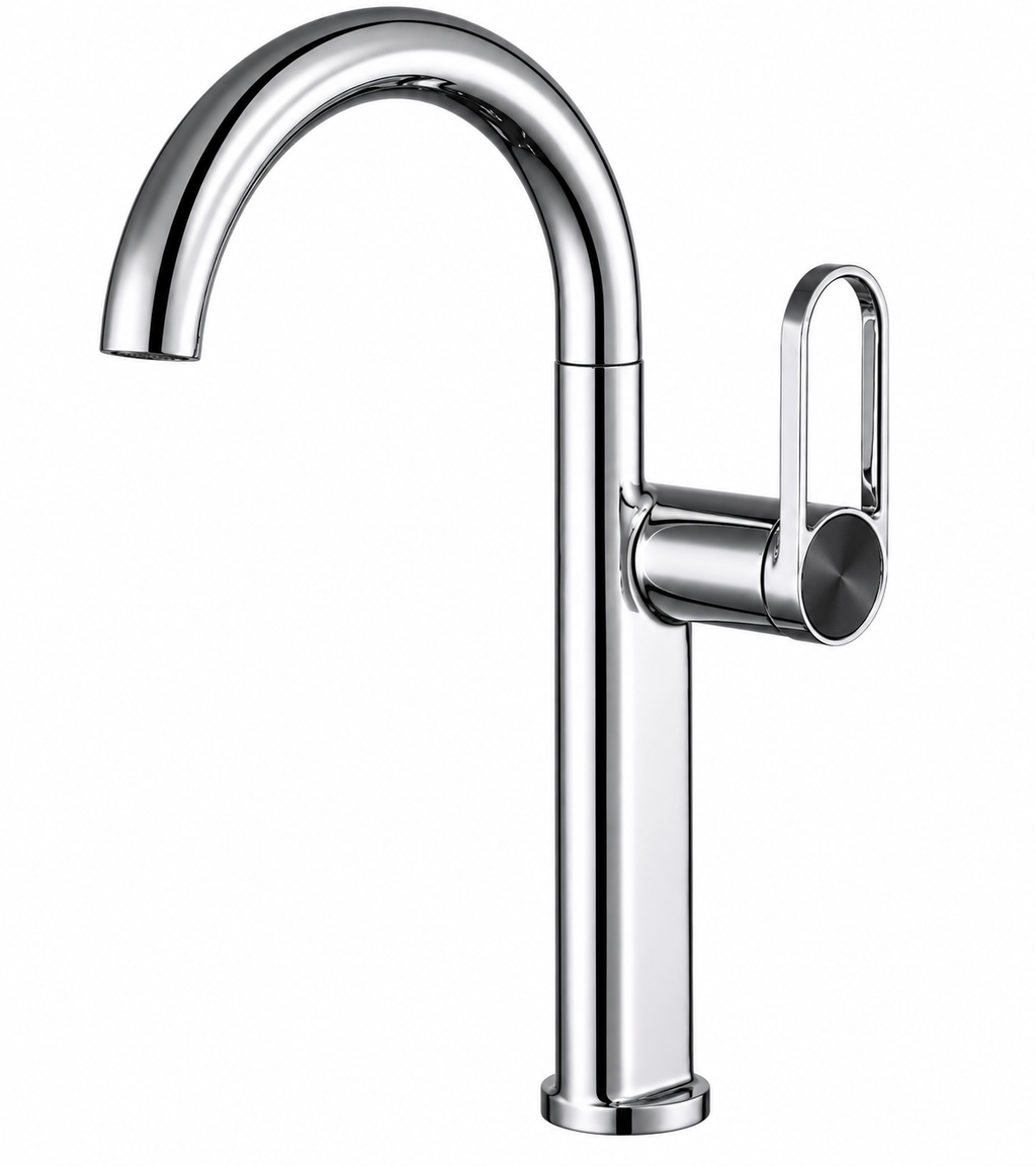 Mitigeur de lavabo SELMA chromé, vue de profil sur fond blanc