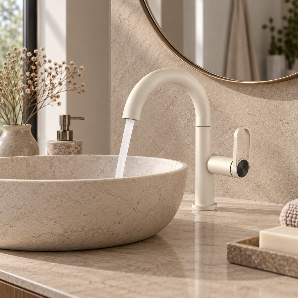 Mitigeur de lavabo SELMA crème au-dessus d'une vasque ronde à poser