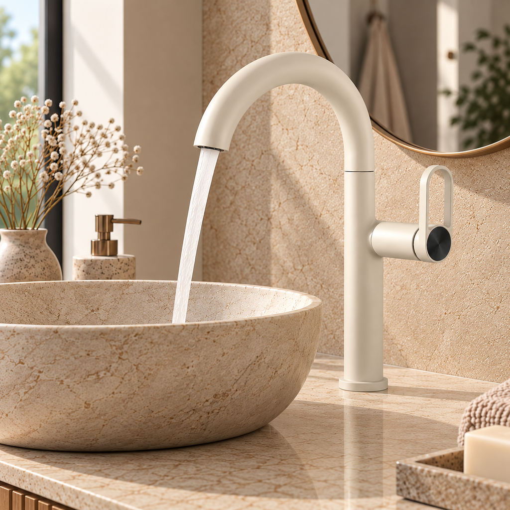 Mitigeur de lavabo SELMA crème en fonctionnement au-dessus d'une vasque en pierre