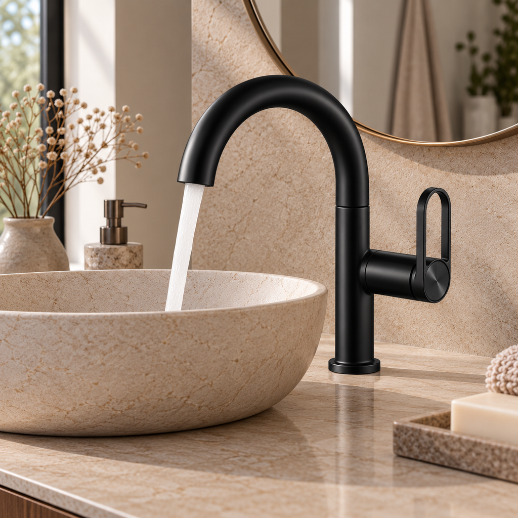 Mitigeur de lavabo SELMA noir au-dessus d'une vasque ronde à poser