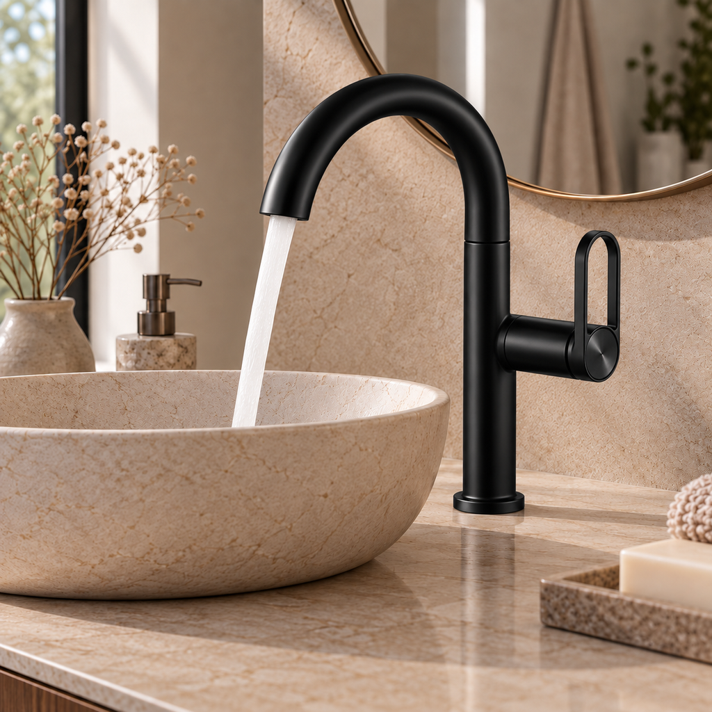 Mitigeur de lavabo SELMA noir en fonctionnement au-dessus d'une vasque en pierre