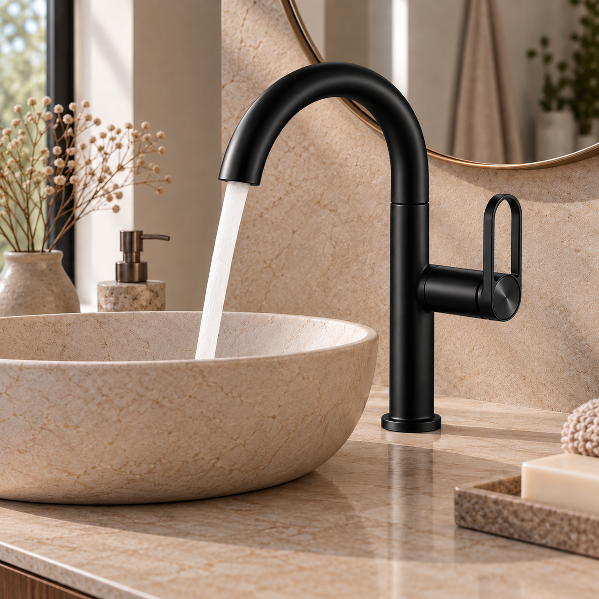 Mitigeur de lavabo SELMA noir en fonctionnement au-dessus d'une vasque en pierre