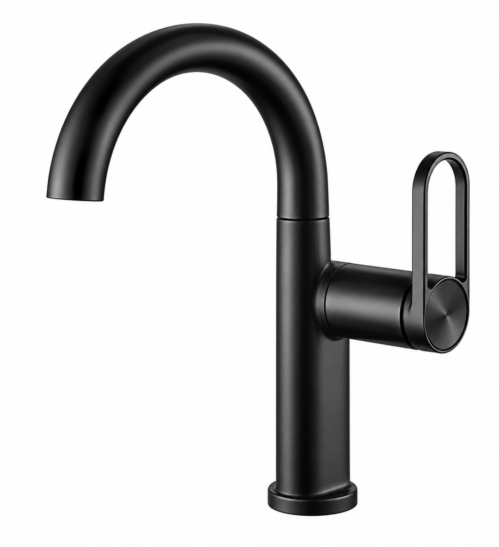 Mitigeur de lavabo SELMA noir à poignée anneau, vue de face sur fond blanc