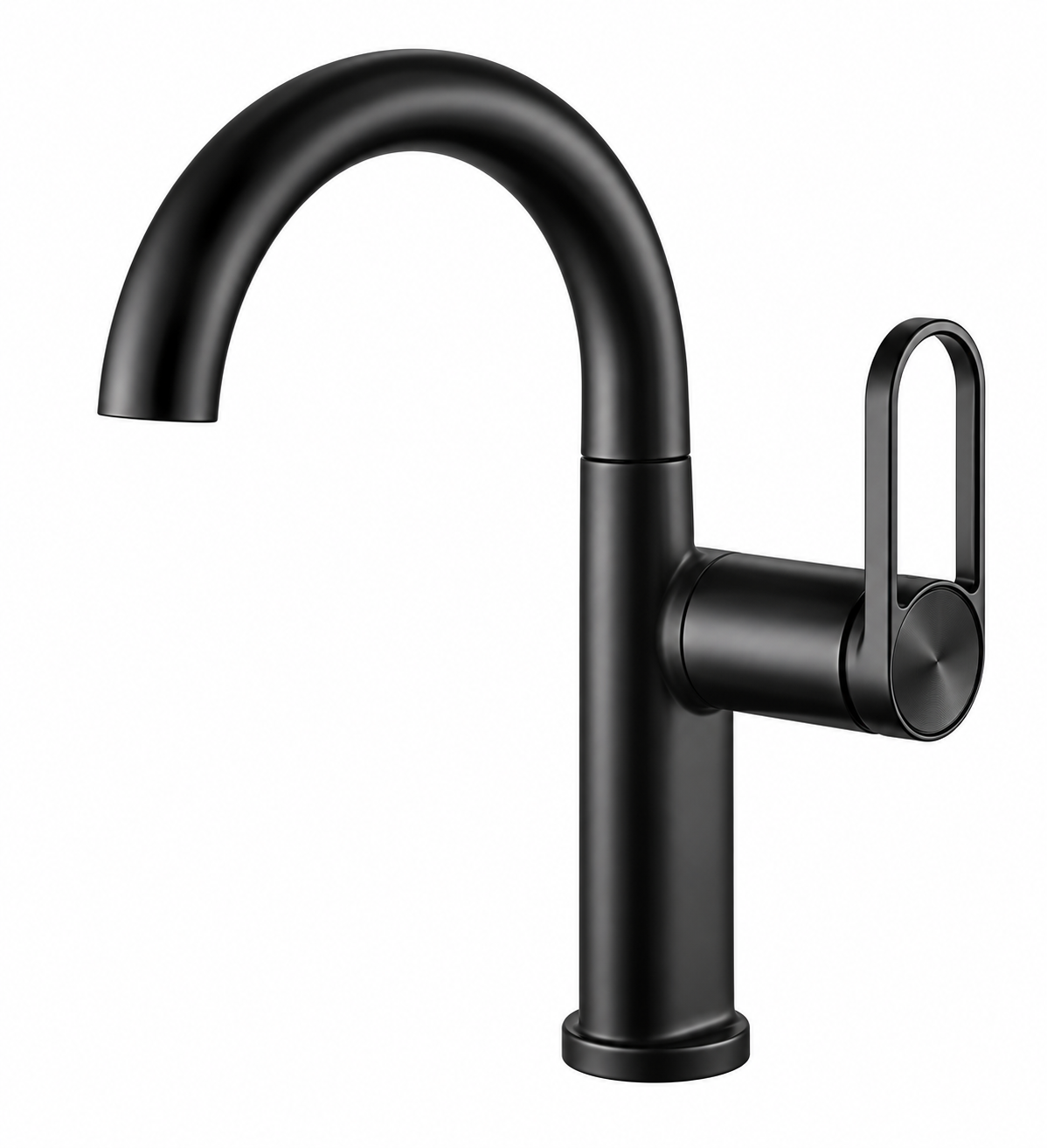 Mitigeur de lavabo SELMA noir à poignée anneau, vue de face sur fond blanc